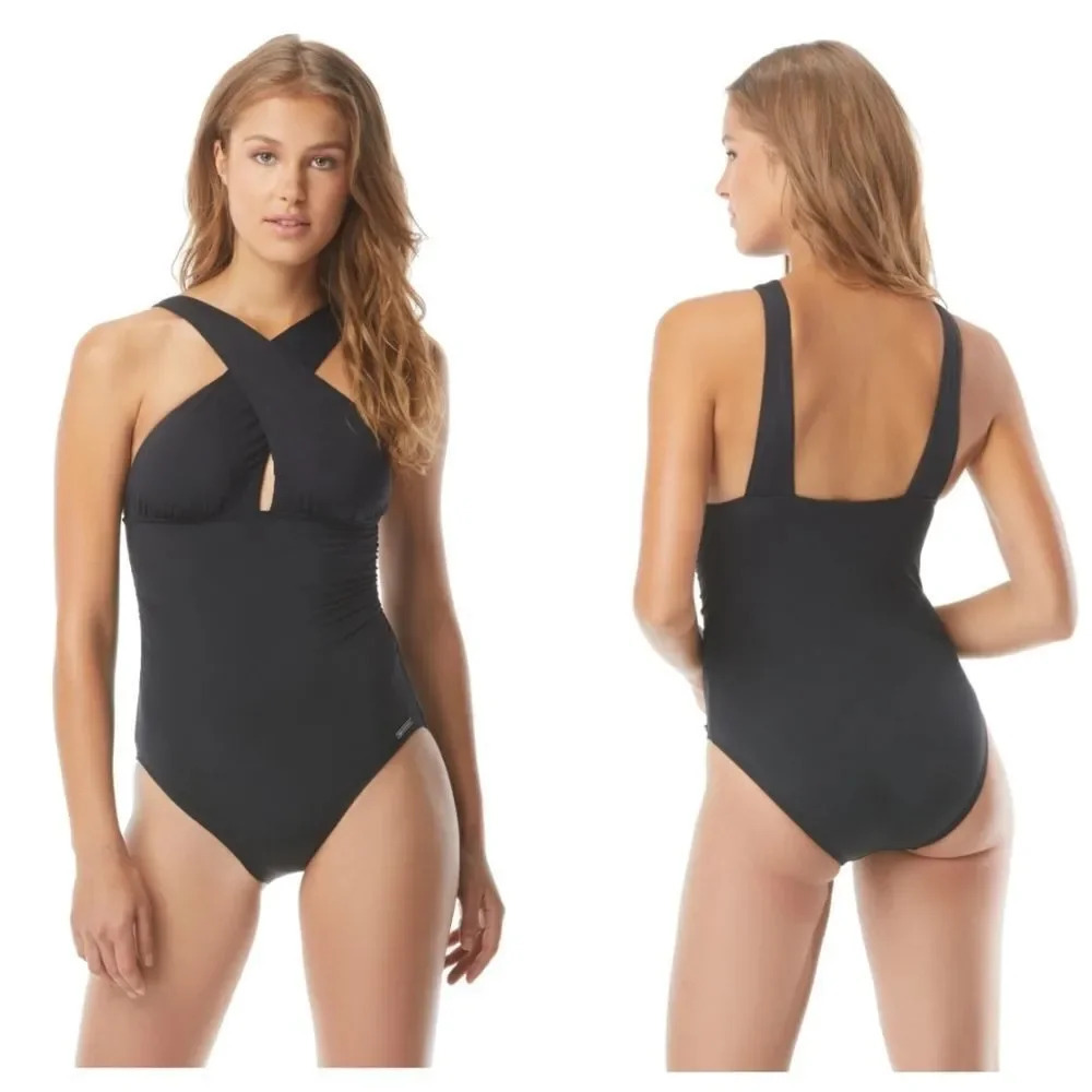 MICHAEL Michael Kors High Neck Shirred Cross One Piece Swimsuit Black Sz 12 NWT